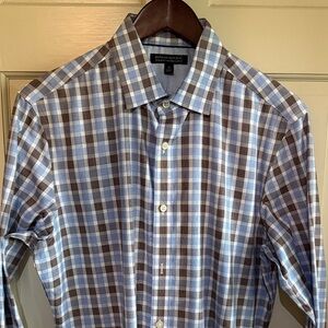 Men’s Banana Republic Dress Shirt in Brown and Blue Plaid — Tailored Slim, Sz M